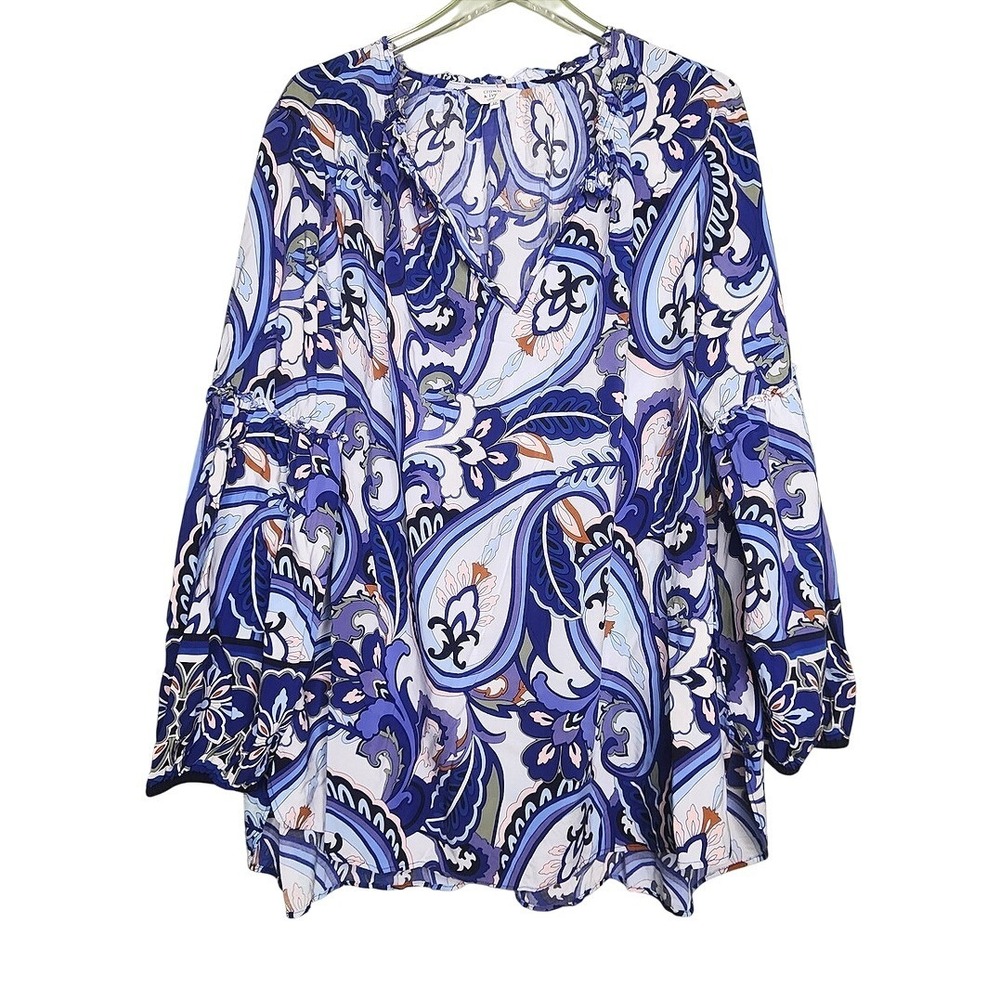 Crown & Ivy Curvy Paisley Peasant Blouse Blue Multi Boho Cottage Long Sleeve 3X